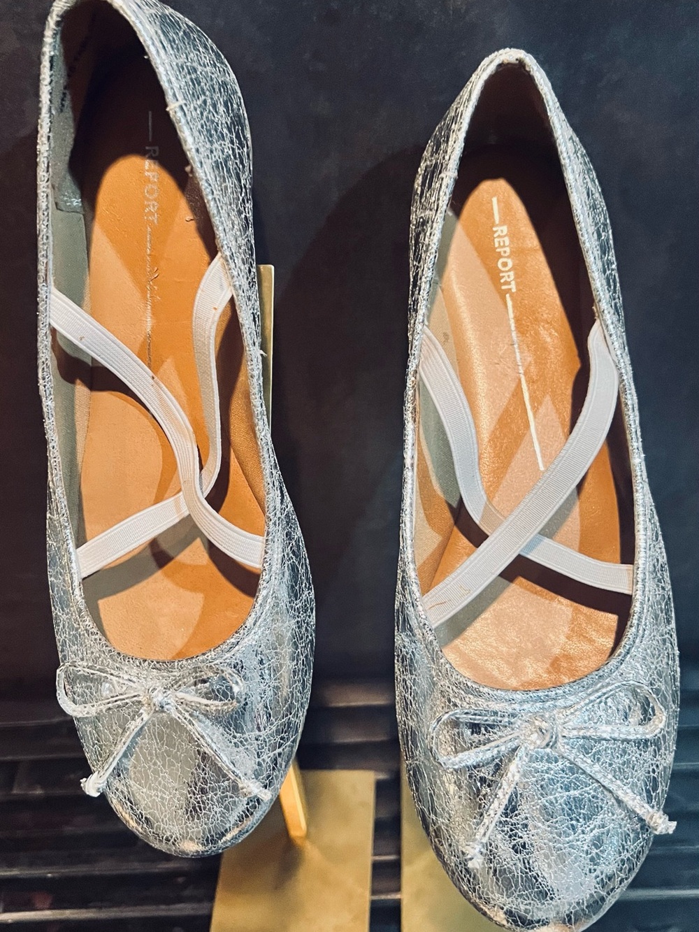 Report Metallic Silver Crackle Ballet Flats with Crisscross Elastic